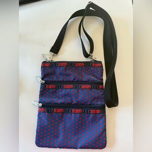 VTG LeSportsac crossbody blue & red polka dot zippered purse